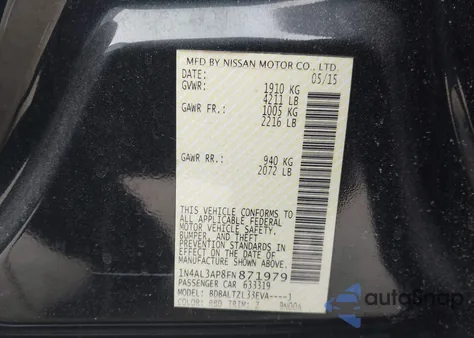 2015 Nissan Altima 2.5 Sl z USA, uszkodzony, nr VIN 1N4AL3AP8FN871979